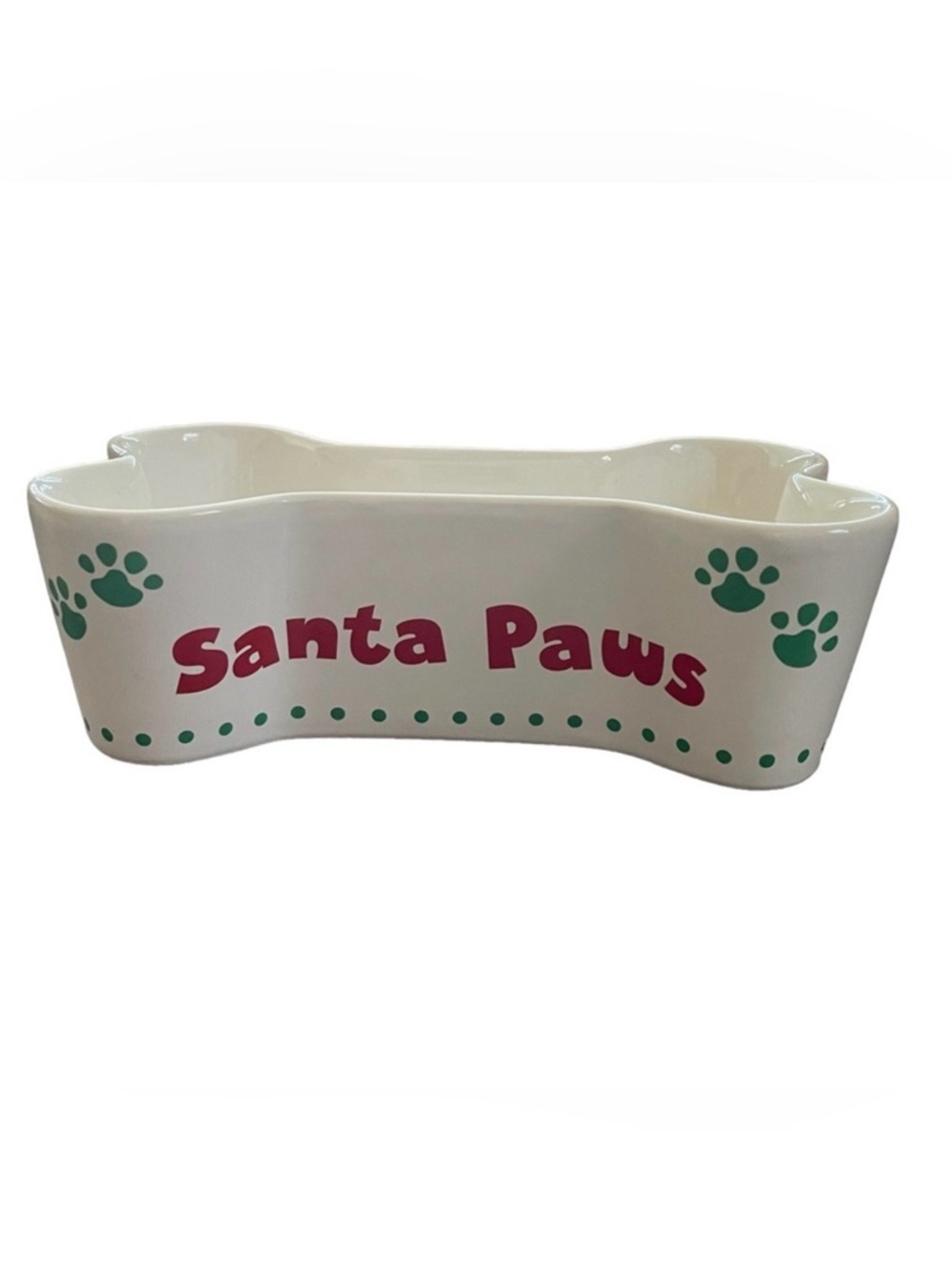 Santa Paws Ceramic Bone Pet Bowl - White with Red and Green